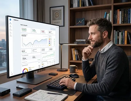 Person working at desk with CoinTracking on monitor